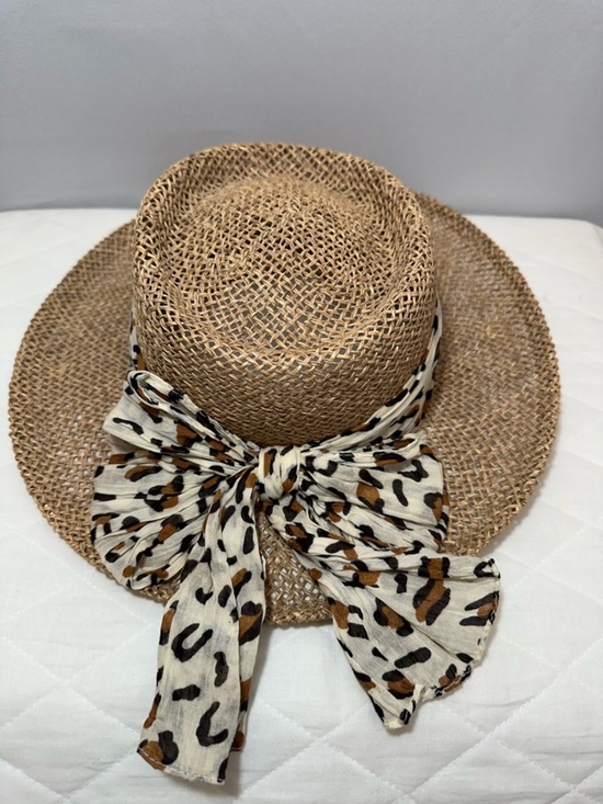 Women Panama Honeycomb Woven Straw Sun Hat Leopard Scarf Trim Natura Made In USA main image 4
